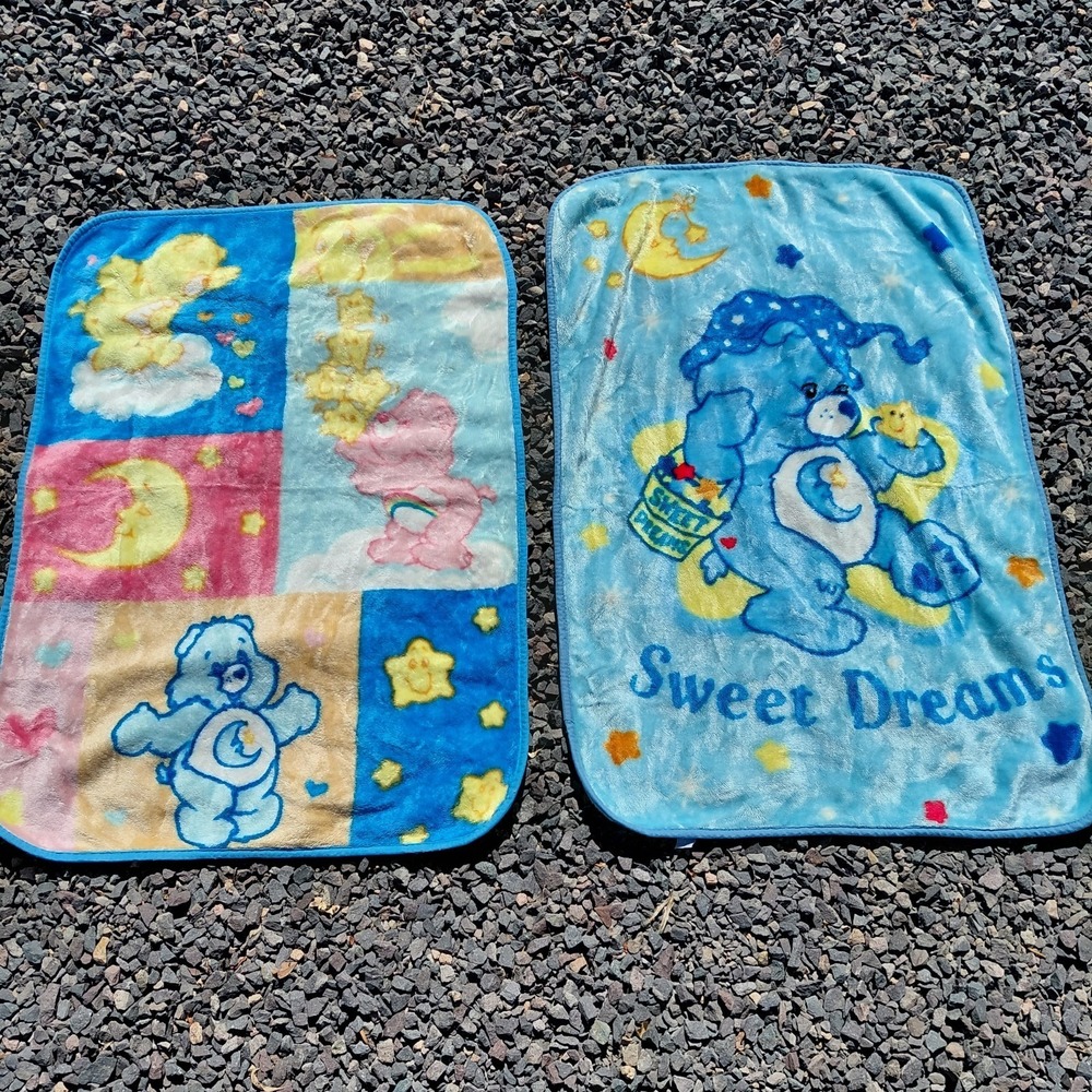 2 Vtg Care Bears Sweet Dreams Bedtime Bear Toddler Baby Blanket Blue Fuzzy Z